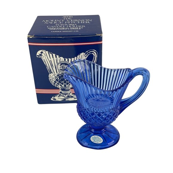 Avon The Mount Vernon Blue Glass Sauce Pitcher Ribbed Diamond Design  Collectibl - Picture 1 of 7